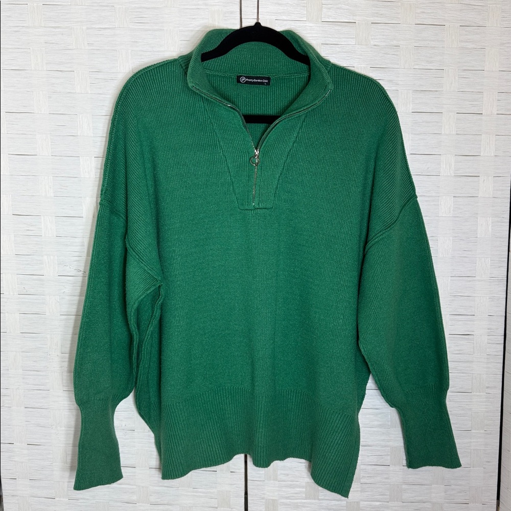 Pretty Garden Chic Kelly Green 3/4 Zip Mock Neck Pullover Sweater Size Large